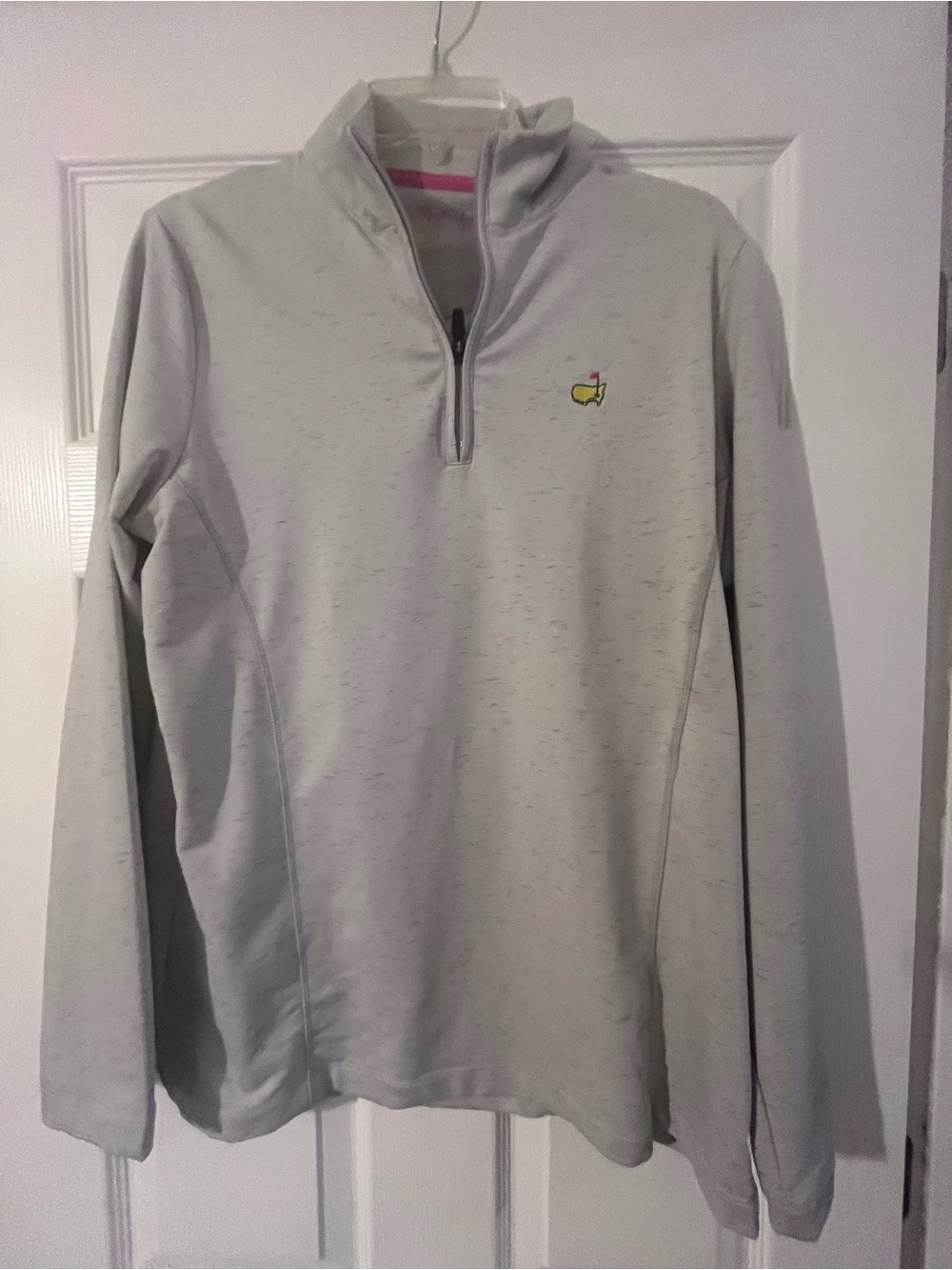 EUC Sz L Masters Magnolia Lane Light Grey  Gray Quarter-Zip w/ pink, blue detail
